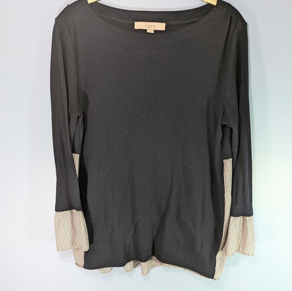 Loft Navy Knit Top Ruffled Woven Sleeves And Back Panel